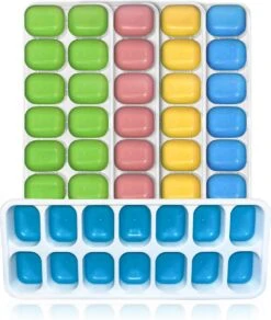 Siliconen IJsblokjesvorm Met Deksel (4 Stuks) - 56 Ijsblokjes - Herbruikbaar - Duurzaam - Vierkant - Blauw Groen Geel Roze -Kookgerei Koning Verkoop 1015x1200 2