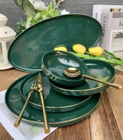 Selinex Porselein Serviesset Groen Met Gouden Rand 6 Persoons, 25-delig