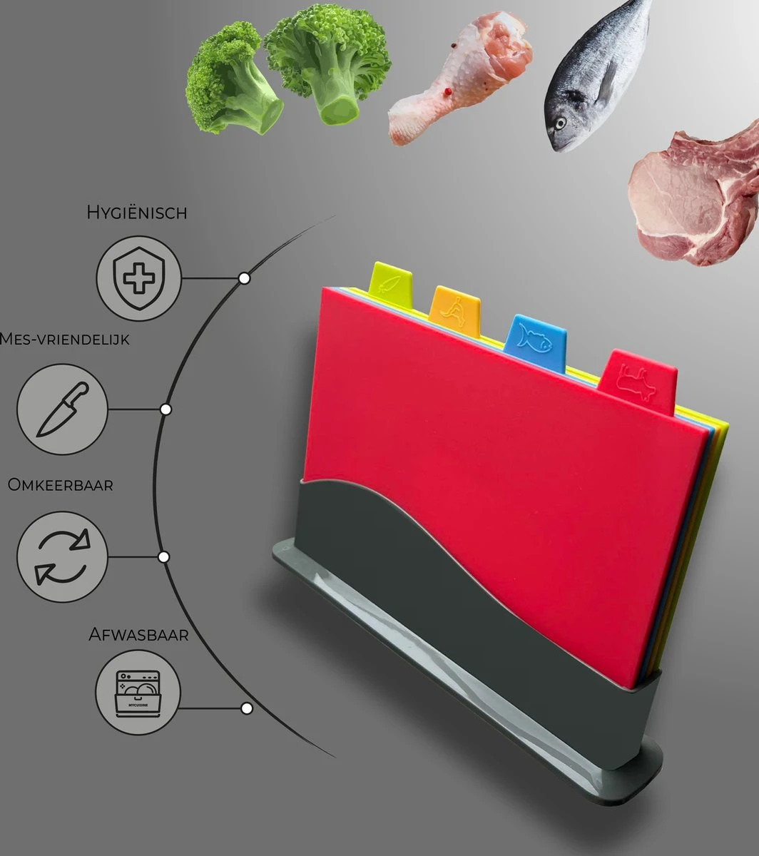 MyCuisine - Snijplankenset Met Houder - 4 Stuks - Snijplanken - Keuken Accessoires - Snijplank - 30 X 22,3 X 0,5 Cm - Kunststof - Zwart 2 MyCuisine - Snijplankenset Met Houder - 4 Stuks - Snijplanken - Keuken Accessoires - Snijplank - 30 X 22,3 X 0,5 Cm - Kunststof - Zwart - Afbeelding 2