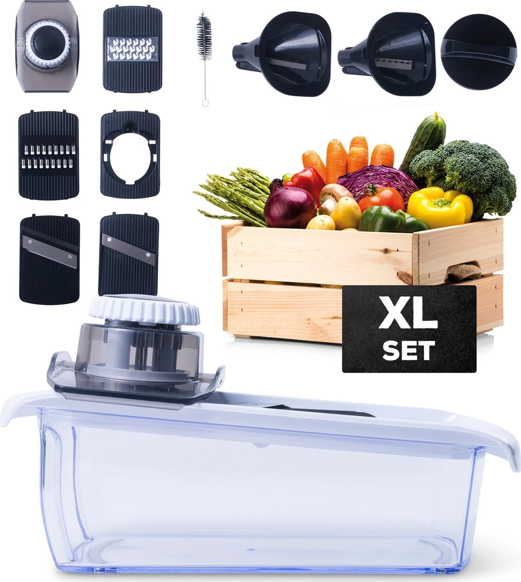 Estus QuickSlicer Mandoline Keukensnijder - Groentesnijder - Uiensnijder - Spiraalsnijder - Roestvrij Staal - Vingerbeschermer - 6 Opzetstukken 1 Estus QuickSlicer Mandoline Keukensnijder - Groentesnijder - Uiensnijder - Spiraalsnijder - Roestvrij Staal - Vingerbeschermer - 6 Opzetstukken