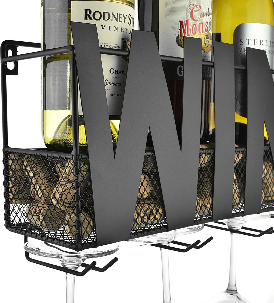 Wijnrek – Voor Aan De Muur – RVS Metaal – Hangend – Wandmontage – Zwart – Industrieel – Incl. Bladeren En Kersen 4 Wijnrek – Voor Aan De Muur – RVS Metaal – Hangend – Wandmontage – Zwart – Industrieel – Incl. Bladeren En Kersen - Afbeelding 4