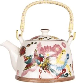 Clayre & Eef Theepot Met Filter 800 Ml Beige Roze Porselein Rond Theekan Cadeau Voor Haar Chinese Theepot