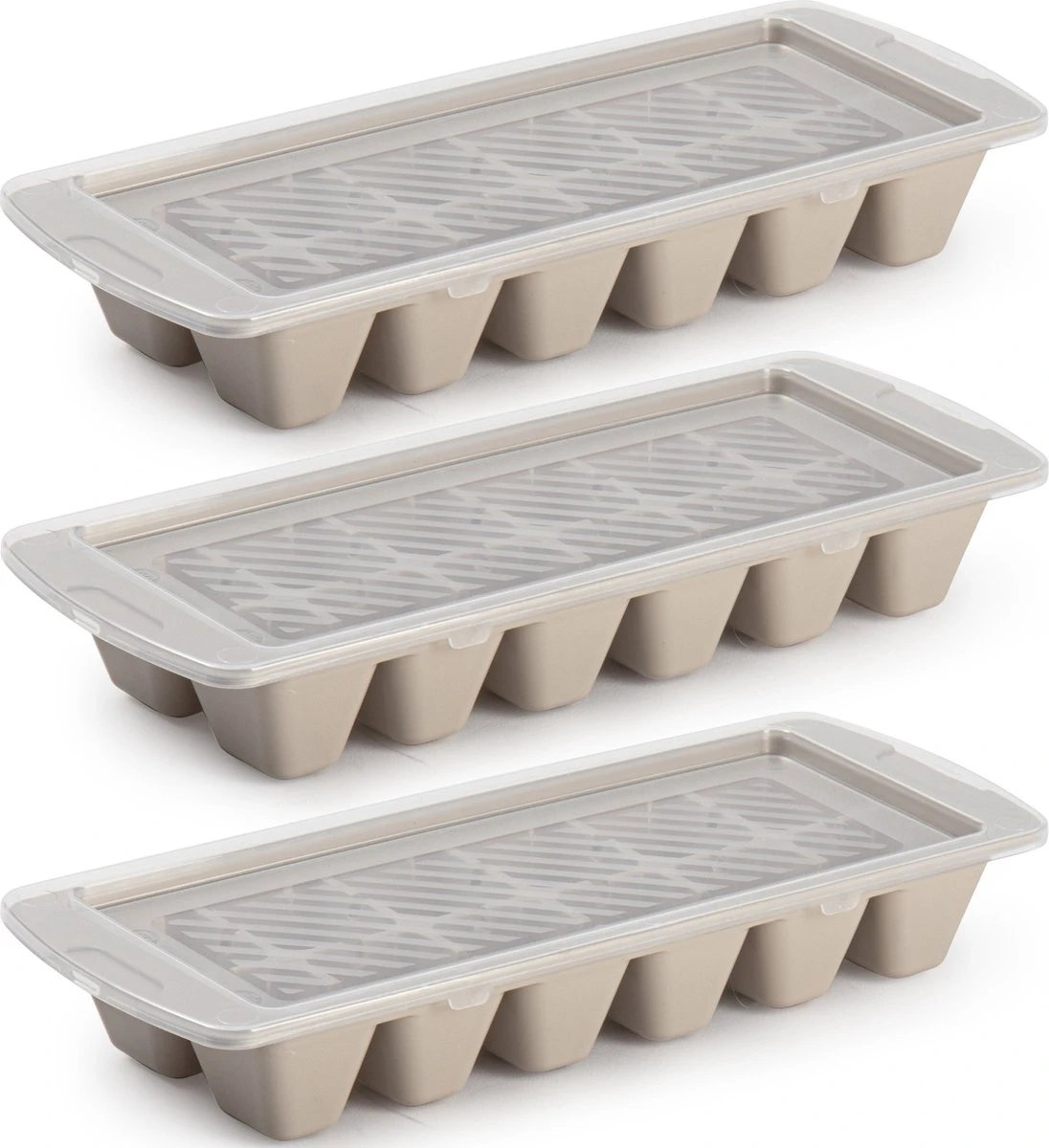 Set Van 3x Stuks IJsblokjes/ijsklontjes Maken Kunststof Bakje Met Handige Afsluitdeksel Taupe 28 X 11 Cm 1 Set Van 3x Stuks IJsblokjes/ijsklontjes Maken Kunststof Bakje Met Handige Afsluitdeksel Taupe 28 X 11 Cm