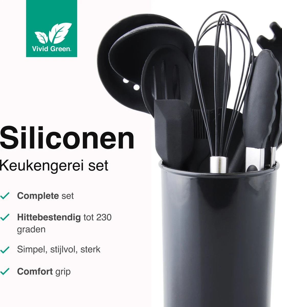 Vivid Green 13-delige Siliconen Keukengerei Set Met Houder - Kookgerei Set - Keuken Gerei - Hittebestendig / BPA - Zwart 2 Vivid Green 13-delige Siliconen Keukengerei Set Met Houder - Kookgerei Set - Keuken Gerei - Hittebestendig / BPA - Zwart - Afbeelding 2