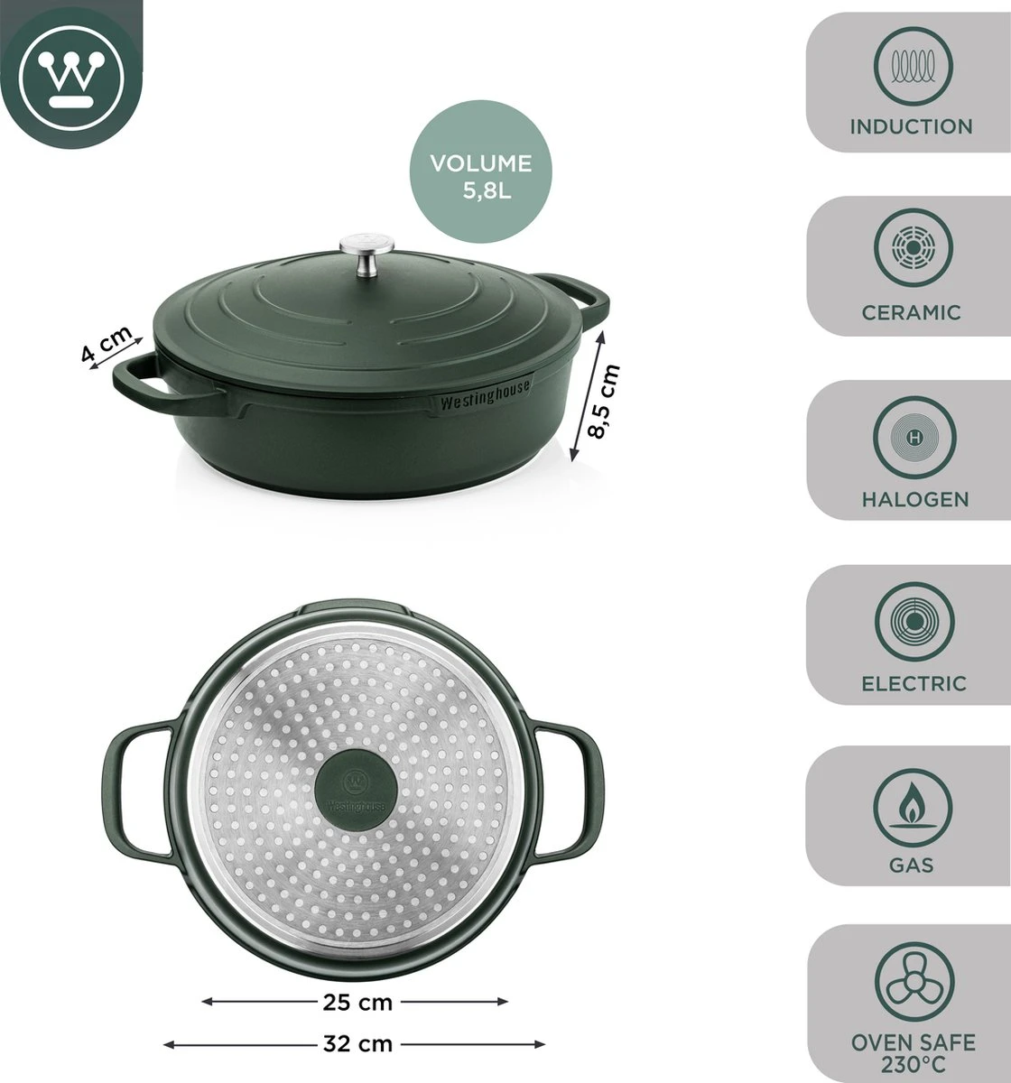 Westinghouse Performance Series - Hapjespan Inductie Met Deksel - 32cm Sauteerpan - Oven Geschikt - Groen 4 Westinghouse Performance Series - Hapjespan Inductie Met Deksel - 32cm Sauteerpan - Oven Geschikt - Groen - Afbeelding 4