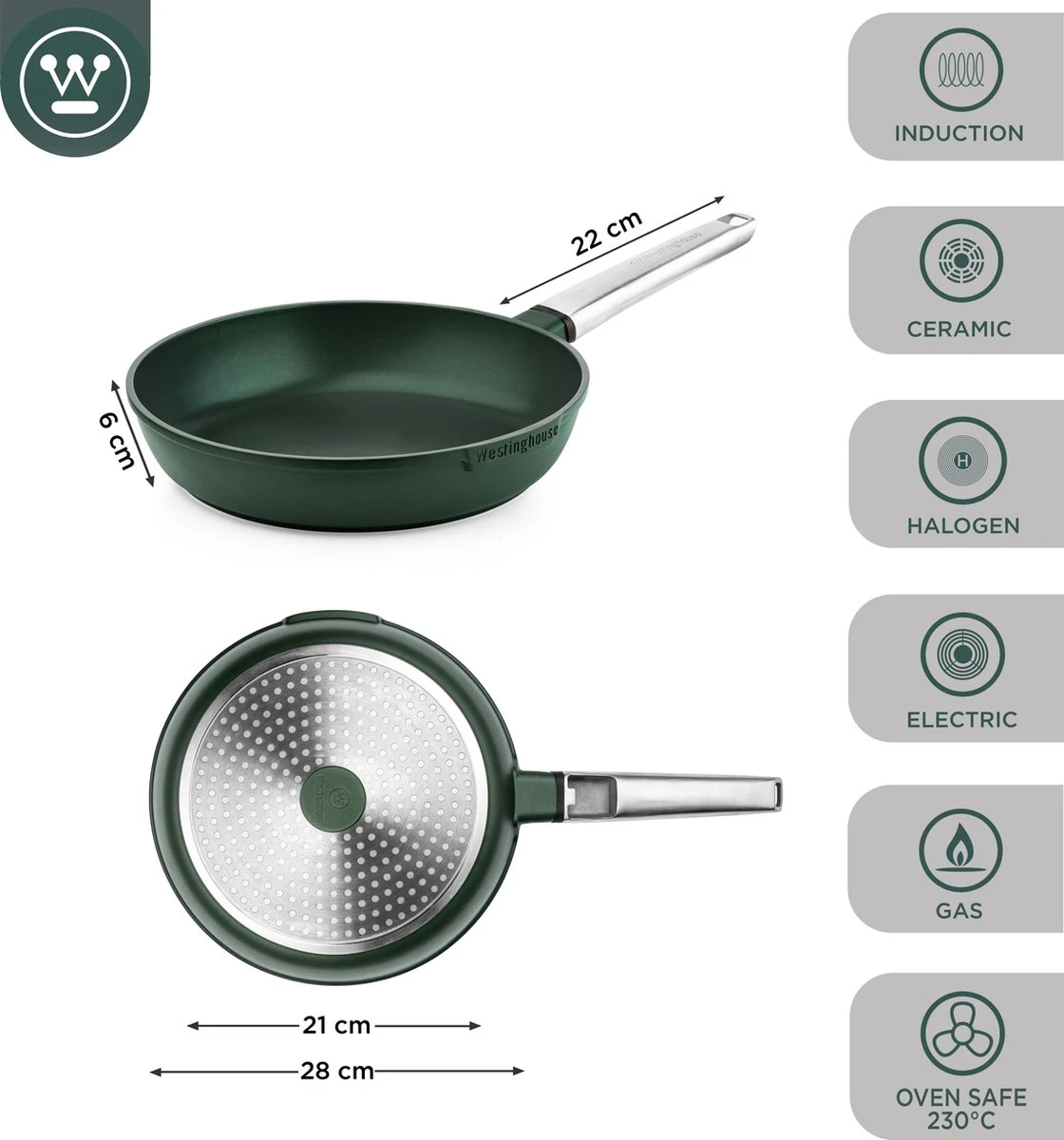 Westinghouse Performance Series - Koekenpan Inductie 28cm - Groen - Geschikt Voor Alle Warmtebronnen Inclusief Inductie En Ovenbestendig 3 Westinghouse Performance Series - Koekenpan Inductie 28cm - Groen - Geschikt Voor Alle Warmtebronnen Inclusief Inductie En Ovenbestendig - Afbeelding 3