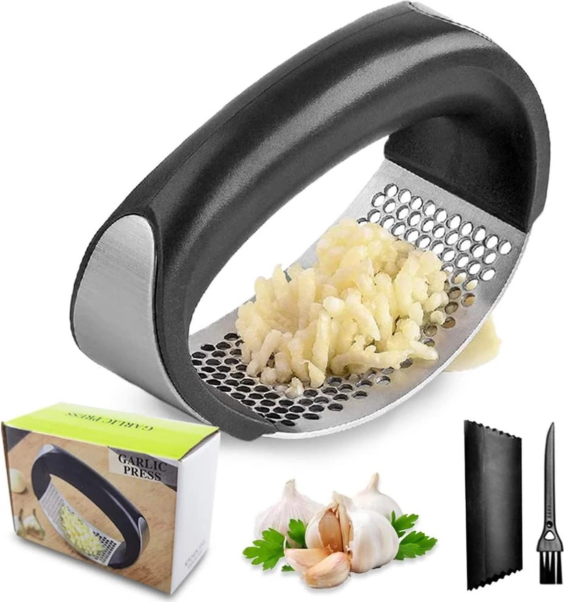 Merkloos Knoflookpers/Gemberpers - Vaatwasser Bestendig - Met Gratis Borstel & Siliconen Peller 1 Merkloos Knoflookpers/Gemberpers - Vaatwasser Bestendig - Met Gratis Borstel & Siliconen Peller