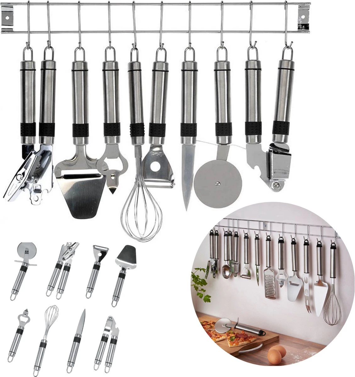 Cheqo® Ophangbare Keukengerei - RVS Keukengerei Met Houder - Keukenset Muurhouder - Ophangrek Met Haken - Met Blikopener - Kaasschaaf - Garde - Flessenopener - Dunschiller - Schilmes - Pizzaroller - Knoflookpers - 9 Delig 1 Cheqo® Ophangbare Keukengerei - RVS Keukengerei Met Houder - Keukenset Muurhouder - Ophangrek Met Haken - Met Blikopener - Kaasschaaf - Garde - Flessenopener - Dunschiller - Schilmes - Pizzaroller - Knoflookpers - 9 Delig