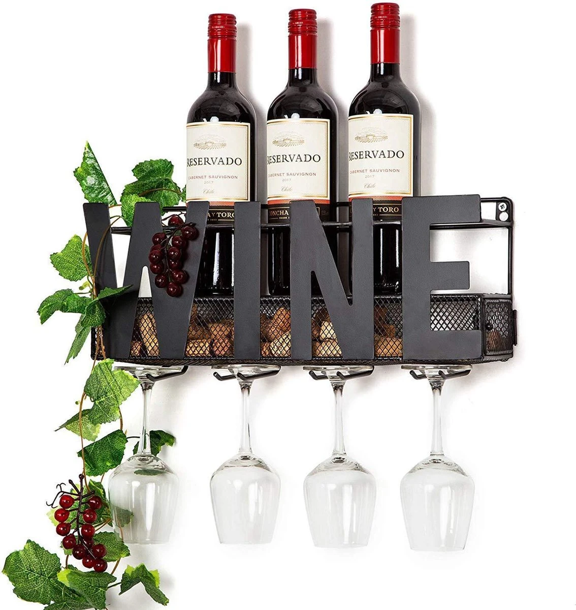 Wijnrek – Voor Aan De Muur – RVS Metaal – Hangend – Wandmontage – Zwart – Industrieel – Incl. Bladeren En Kersen 1 Wijnrek – Voor Aan De Muur – RVS Metaal – Hangend – Wandmontage – Zwart – Industrieel – Incl. Bladeren En Kersen
