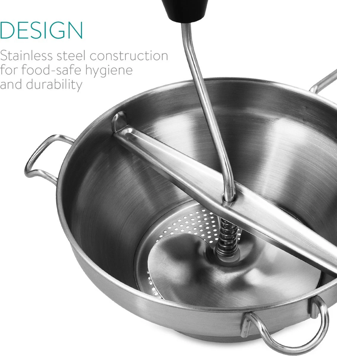 Navaris Roestvrijstalen Passeerzeef Met 3 Zeefinzetten - Roerzeef Voor Soepen, Jam, Smoothies, Babyvoeding En Sauzen - Passe-vite Met 3 Schijven 7 Navaris Roestvrijstalen Passeerzeef Met 3 Zeefinzetten - Roerzeef Voor Soepen, Jam, Smoothies, Babyvoeding En Sauzen - Passe-vite Met 3 Schijven - Afbeelding 7