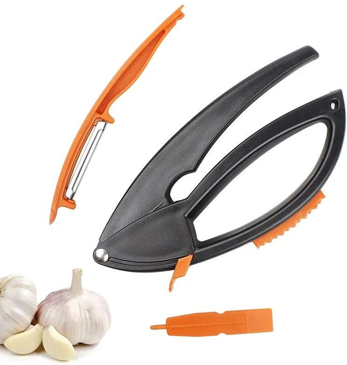 Merkloos Knoflookpers/Aardappel Schiller/Vlees Hamer - 3 In 1 - Vaatwasser Bestendig - Zwart/Oranje 3 Merkloos Knoflookpers/Aardappel Schiller/Vlees Hamer - 3 In 1 - Vaatwasser Bestendig - Zwart/Oranje - Afbeelding 3