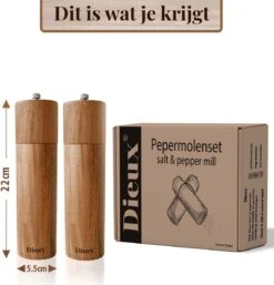 Dieux® - Peper En Zoutmolen Set - Cilinder Vorm - 22CM - Zout Peper Kruiden - 2 Stuks - Acacia Hout - Instelbare Maalgraad - Duurzaam - Luxe Kwaliteit - Hervulbaar - Pepermolen - Zoutmolen - BBQ Accesoires - Pasen -Kookgerei Koning Verkoop 1152x1200 6