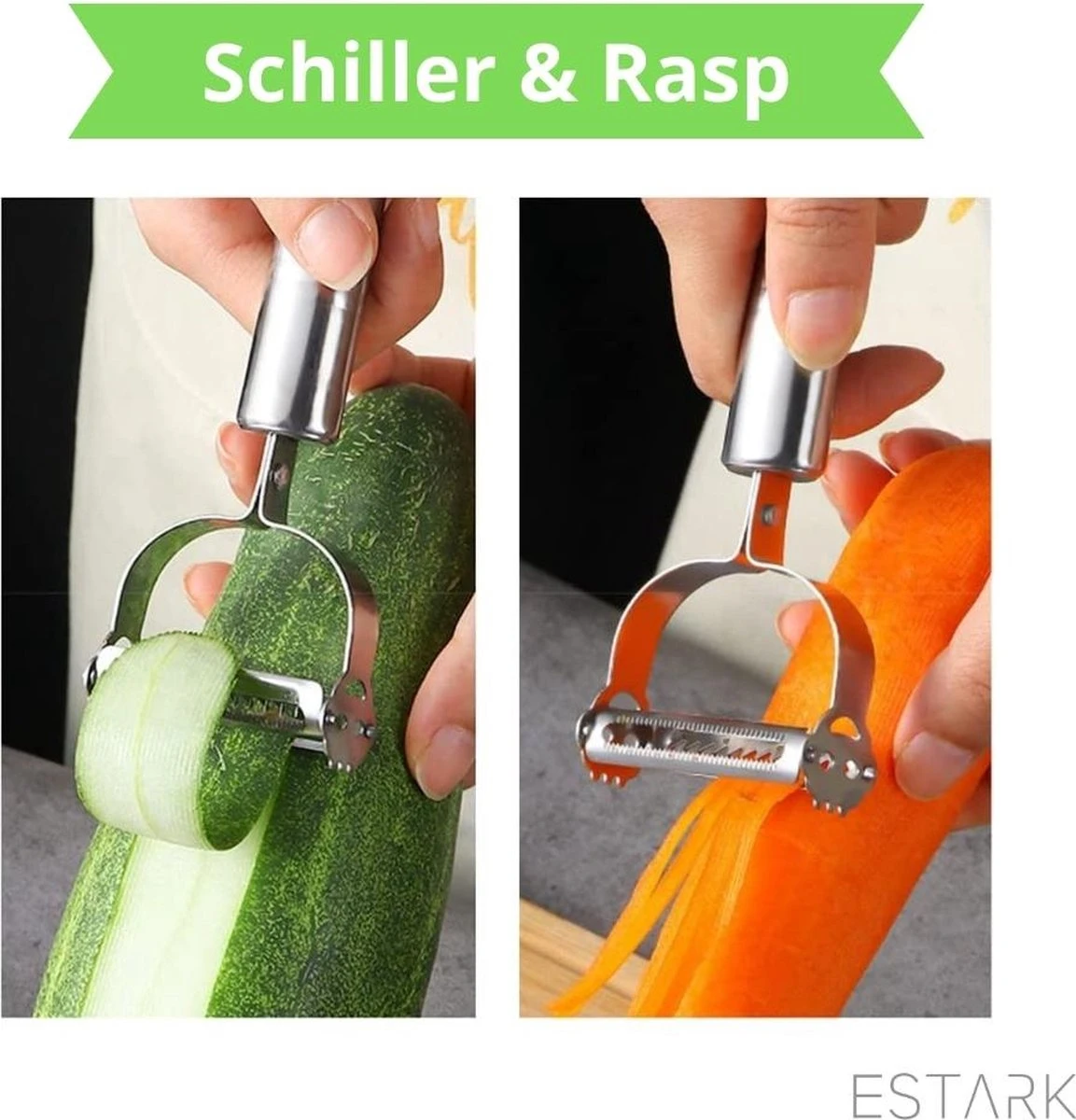 ESTARK® Dunschiller - Julienne & Groenteschiller - Groentesnijder - Uiensnijder - Spiraalsnijder - Juliennerasp - Juliennesnijder - Sliertensnijder - Multifunctionele Groenten Schiller Aardappel Schiller - Dunschiller RVS 16 ESTARK® Dunschiller - Julienne & Groenteschiller - Groentesnijder - Uiensnijder - Spiraalsnijder - Juliennerasp - Juliennesnijder - Sliertensnijder - Multifunctionele Groenten Schiller Aardappel Schiller - Dunschiller RVS - Afbeelding 16