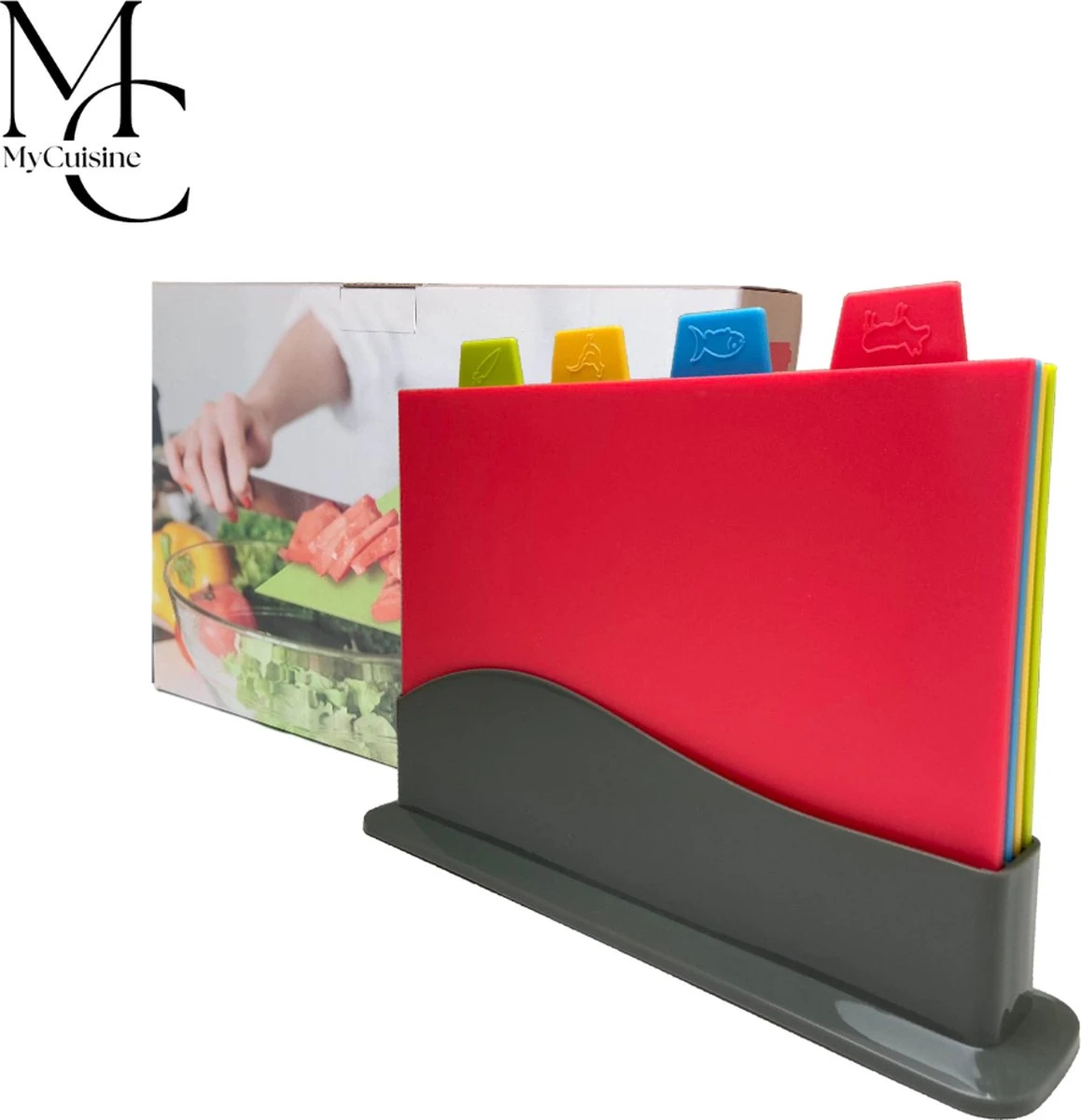 MyCuisine - Snijplankenset Met Houder - 4 Stuks - Snijplanken - Keuken Accessoires - Snijplank - 30 X 22,3 X 0,5 Cm - Kunststof - Zwart 1 MyCuisine - Snijplankenset Met Houder - 4 Stuks - Snijplanken - Keuken Accessoires - Snijplank - 30 X 22,3 X 0,5 Cm - Kunststof - Zwart