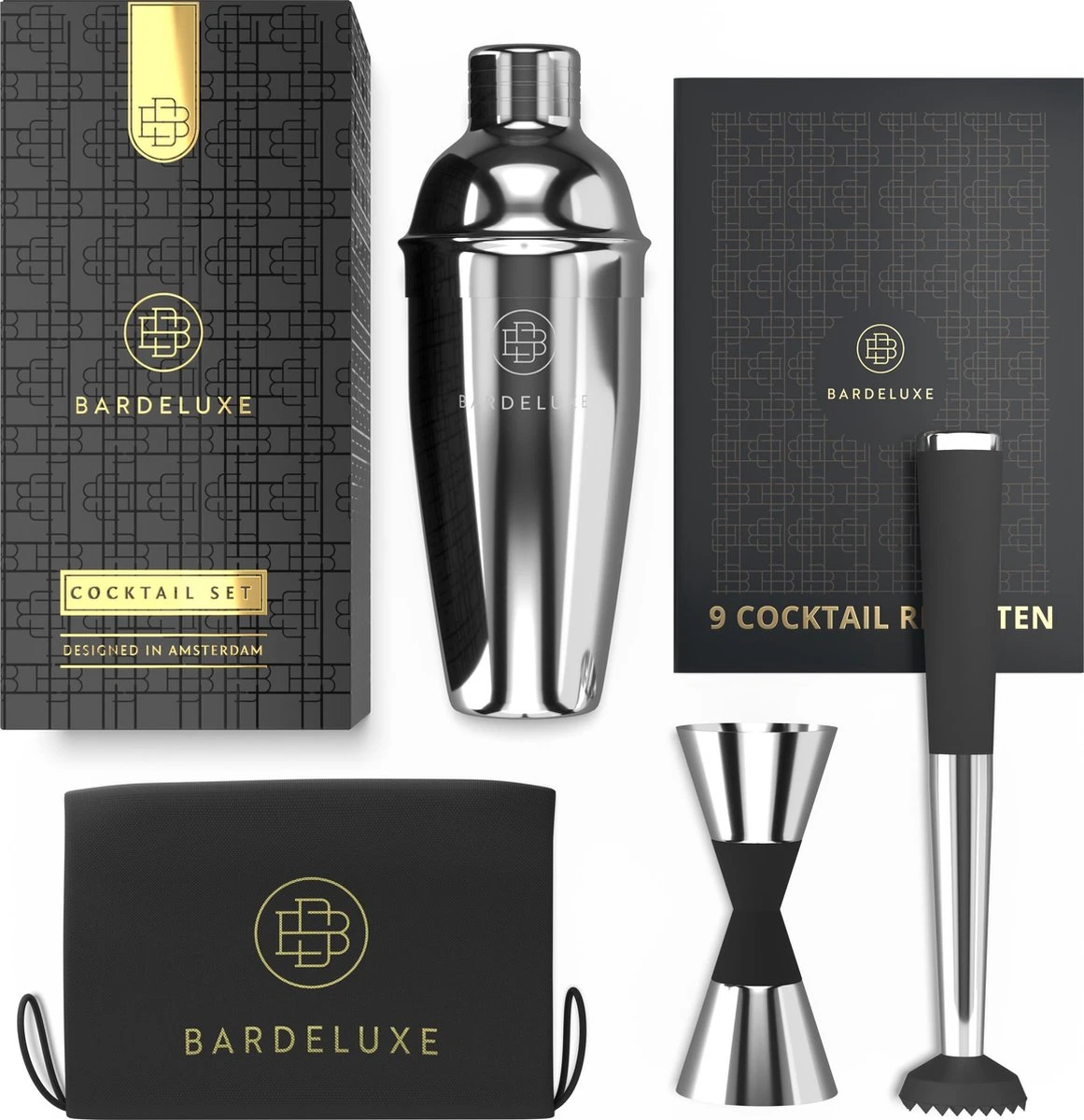 Cocktail Set Van BarDeluxe® - 3-Delig - 750ml Cocktail Shaker - Jigger / Maatbeker - Cocktail Stamper - Inclusief Nederlandstalig Receptenboek + Bewaarhoes - Zilver 2 Cocktail Set Van BarDeluxe® - 3-Delig - 750ml Cocktail Shaker - Jigger / Maatbeker - Cocktail Stamper - Inclusief Nederlandstalig Receptenboek + Bewaarhoes - Zilver - Afbeelding 2
