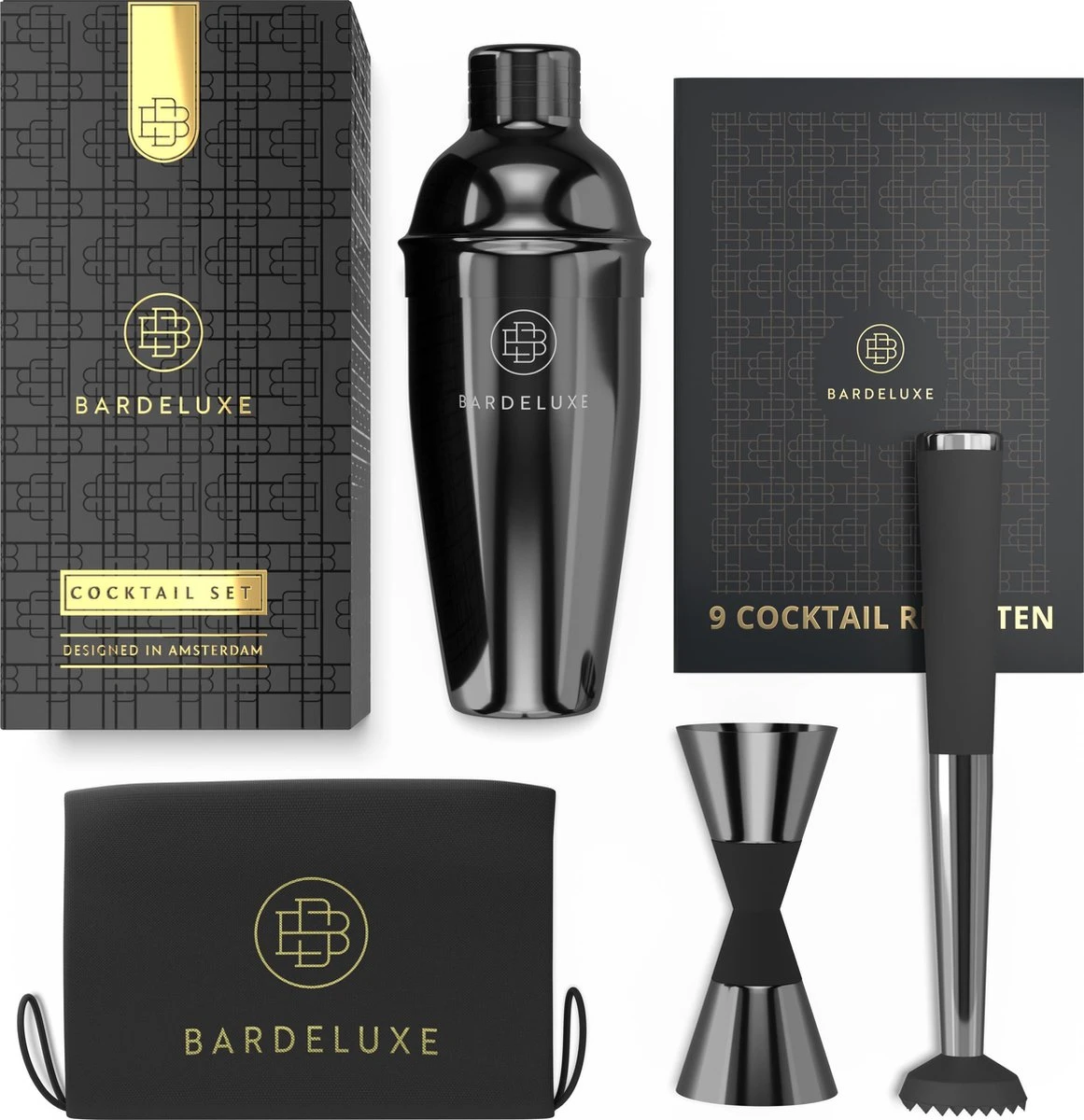 Cocktail Set Van BarDeluxe® - 3-Delig - 750ml Cocktail Shaker - Jigger / Maatbeker - Cocktail Stamper - Inclusief Nederlandstalig Receptenboek + Bewaarhoes - Metaal Zwart 2 Cocktail Set Van BarDeluxe® - 3-Delig - 750ml Cocktail Shaker - Jigger / Maatbeker - Cocktail Stamper - Inclusief Nederlandstalig Receptenboek + Bewaarhoes - Metaal Zwart - Afbeelding 2