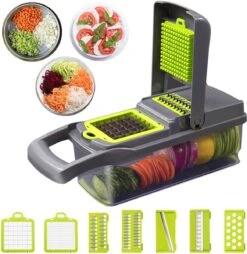 ProudProducts – Multifunctionele Groentesnijder – Groentesnijder Uiensnijder - Mandoline – 12 Delig – RVS Scherpe Messen – Zwart/Groen