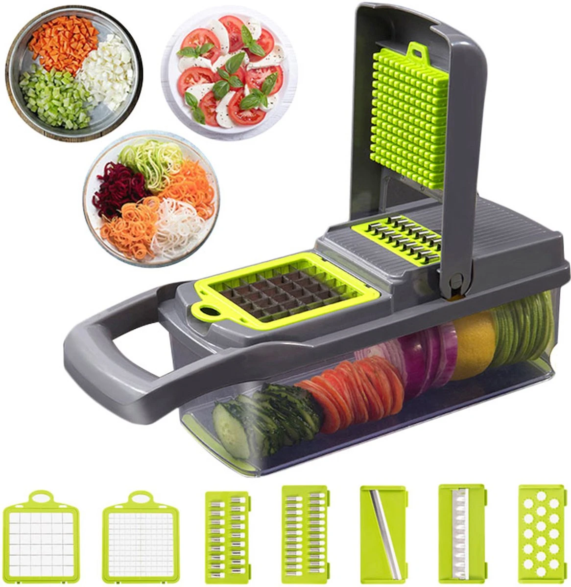 ProudProducts – Multifunctionele Groentesnijder – Groentesnijder Uiensnijder - Mandoline – 12 Delig – RVS Scherpe Messen – Zwart/Groen 1 ProudProducts – Multifunctionele Groentesnijder – Groentesnijder Uiensnijder - Mandoline – 12 Delig – RVS Scherpe Messen – Zwart/Groen