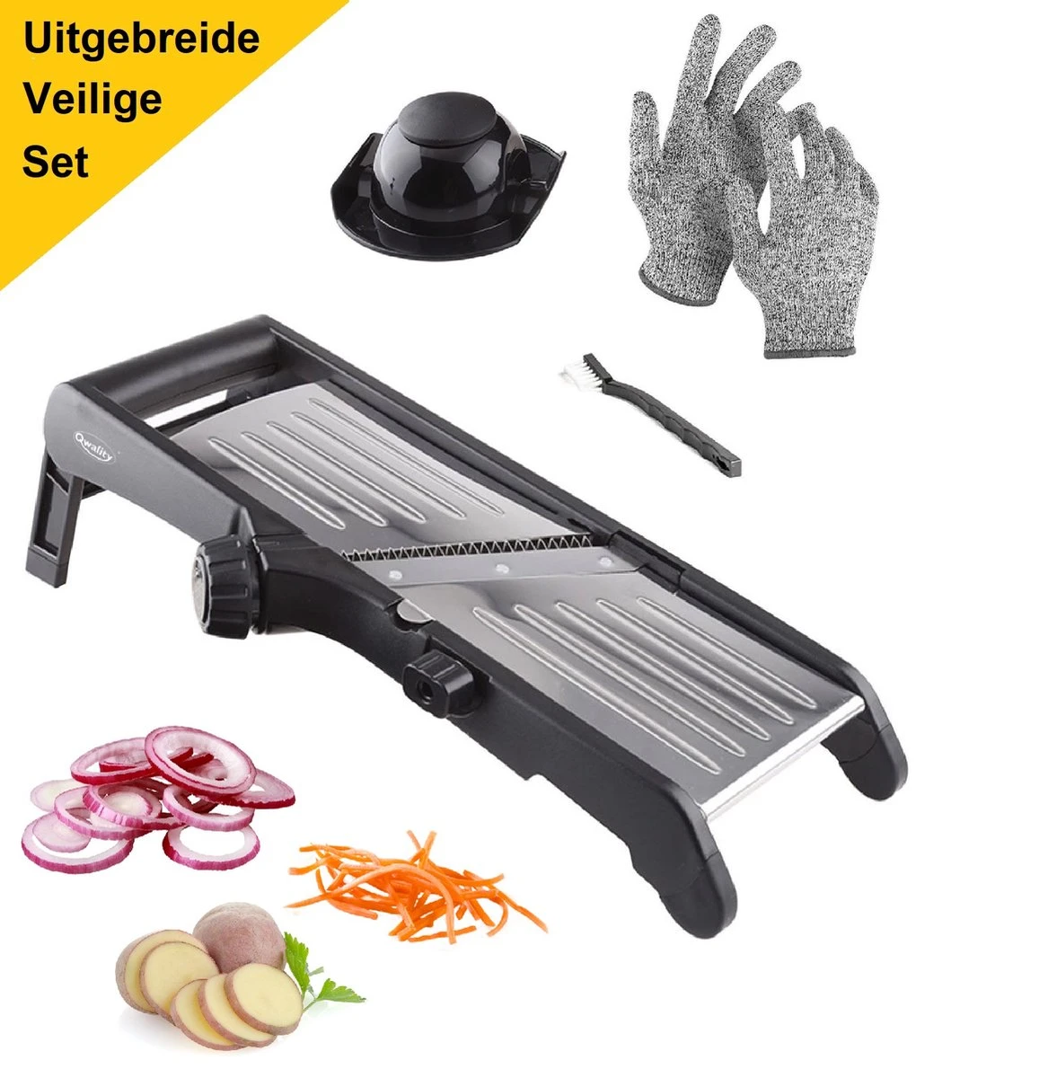 Mandoline - Vlijmscherp - Keukensnijder – Groentesnijder – Incl. Anti Snij Handschoenen En Snij Hulp - Qwality 1 Mandoline - Vlijmscherp - Keukensnijder – Groentesnijder – Incl. Anti Snij Handschoenen En Snij Hulp - Qwality