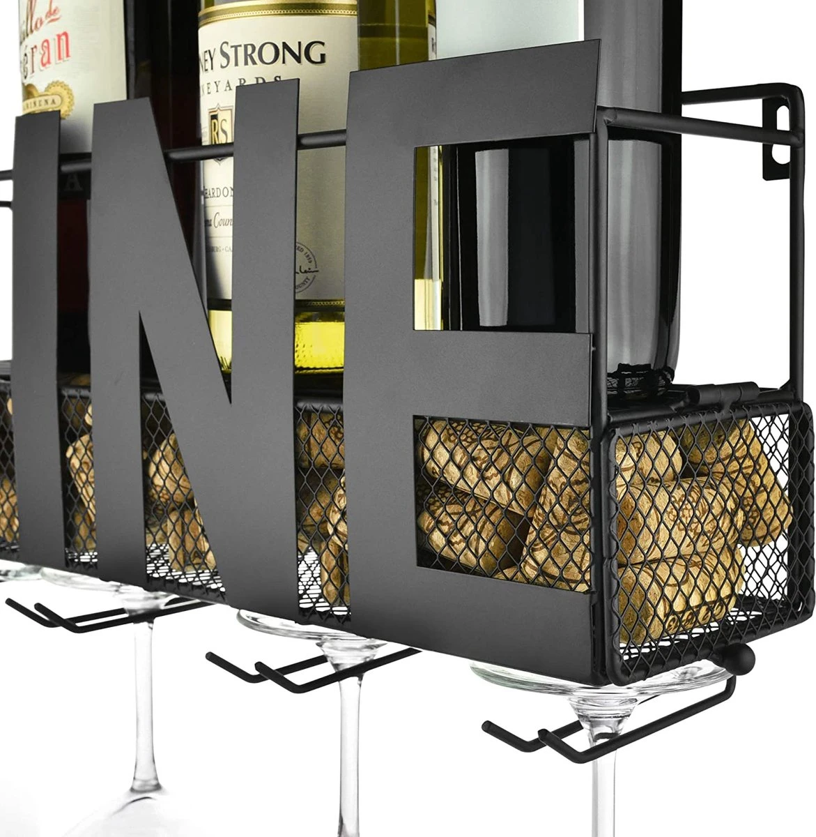 Wijnrek – Voor Aan De Muur – RVS Metaal – Hangend – Wandmontage – Zwart – Industrieel – Incl. Bladeren En Kersen 3 Wijnrek – Voor Aan De Muur – RVS Metaal – Hangend – Wandmontage – Zwart – Industrieel – Incl. Bladeren En Kersen - Afbeelding 3