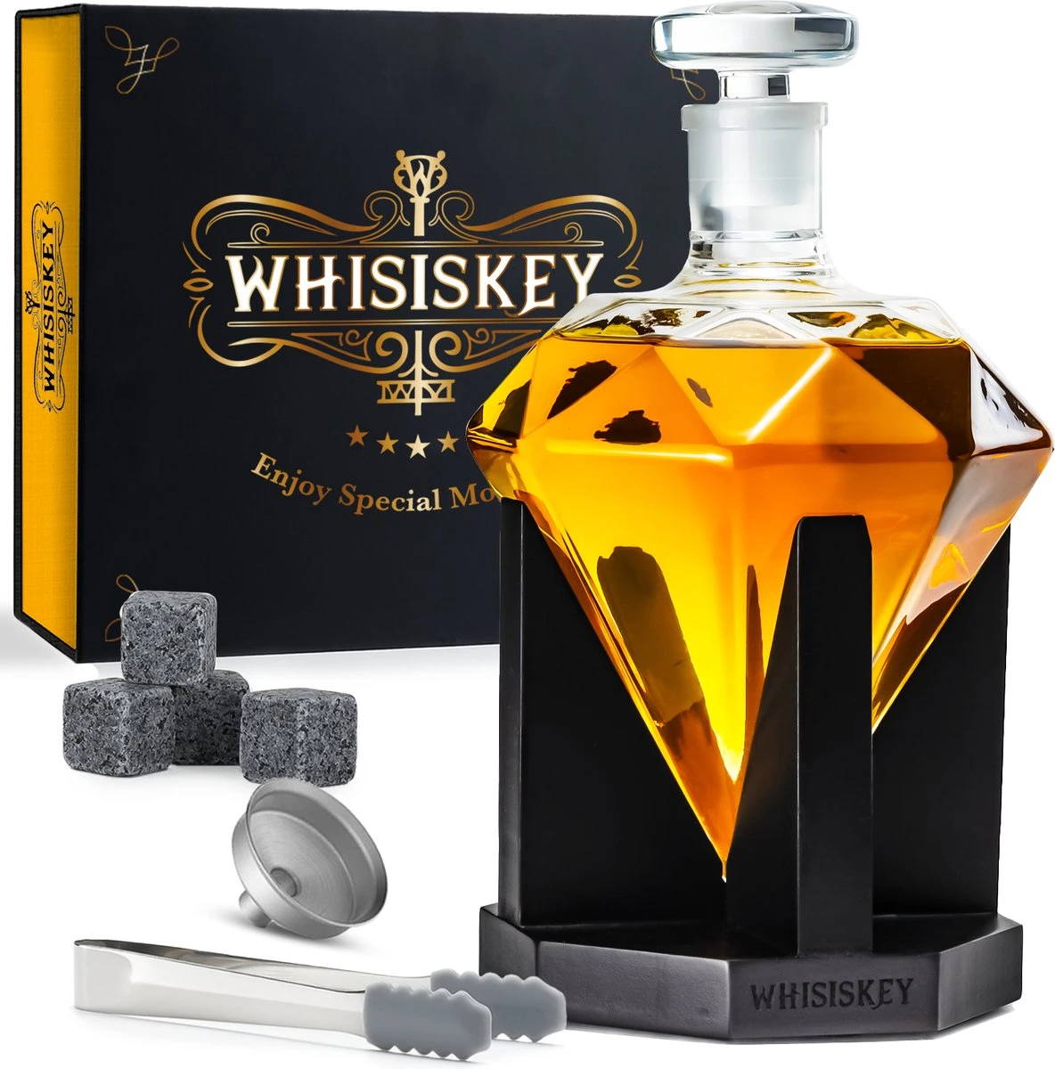 Whisiskey Whiskey Karaf - Diamant- Luxe Whisky Karaf Set - 0,9 L - Decanteer Karaf - Whiskey Set - Incl. 4 Whiskey Stones & Schenktuit - Peaky Blinders - Cadeau Voor Man & Vrouw 1 Whisiskey Whiskey Karaf - Diamant- Luxe Whisky Karaf Set - 0,9 L - Decanteer Karaf - Whiskey Set - Incl. 4 Whiskey Stones & Schenktuit - Peaky Blinders - Cadeau Voor Man & Vrouw