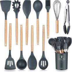 IGOODS - Keukengerei Sets Siliconen - 12-Delig Kookgerei Sets - Siliconen Inclusief Gebruiksvoorwerpen Houders - Antikleef Anti-Kras Kookgerei - Keukengereedschap Met Houten Handvat -Donker Grijs