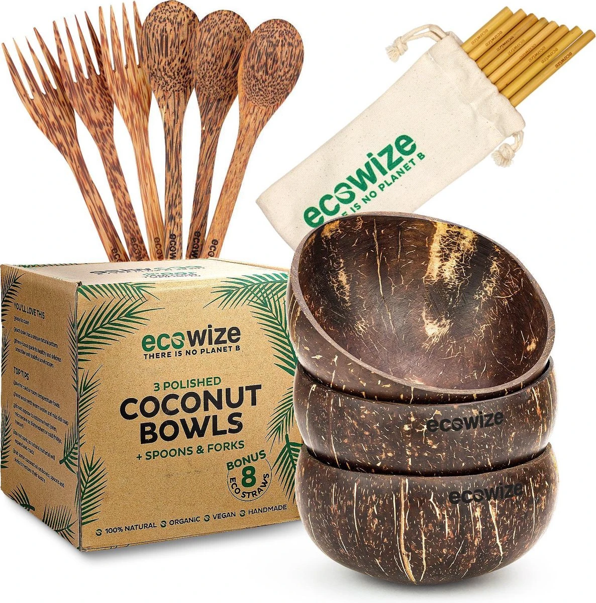 Ecowize Coconut Bowls (Set Van 3) - Kokosnoot Kom & Schaal - Met 3 Lepels, 3 Vorken En 8 Bamboe Rietjes - Zero Waste & Herbruikbaar - Duurzaam Cadeau 1 Ecowize Coconut Bowls (Set Van 3) - Kokosnoot Kom & Schaal - Met 3 Lepels, 3 Vorken En 8 Bamboe Rietjes - Zero Waste & Herbruikbaar - Duurzaam Cadeau