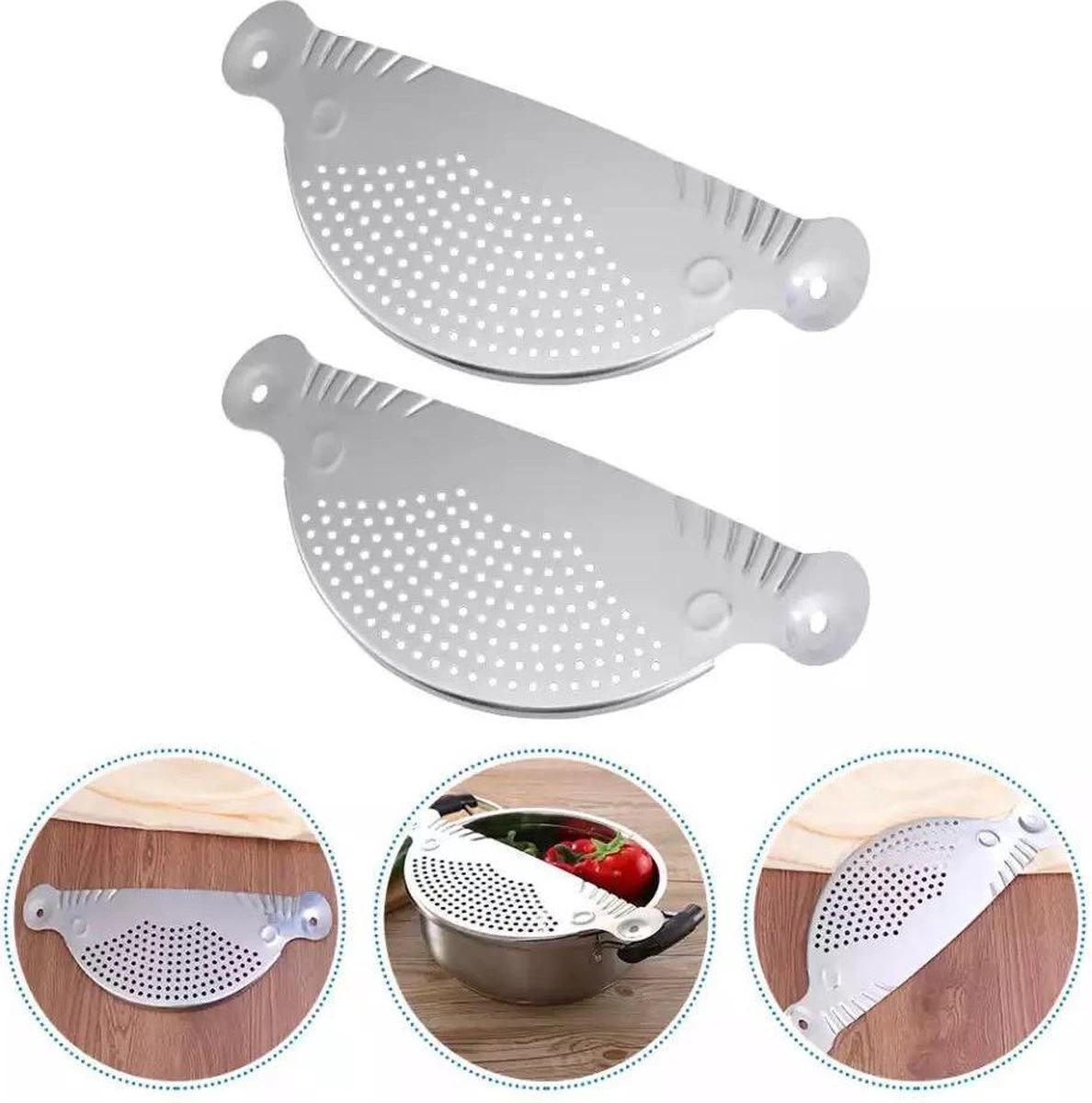 RVS Afgietdeksel- Afgiethulp Met Handvaten- Veilig Afgieten -Keuken Zeef- Vaatwasser Bestendig- Sieve- 26cm- Keuken Tool 3 RVS Afgietdeksel- Afgiethulp Met Handvaten- Veilig Afgieten -Keuken Zeef- Vaatwasser Bestendig- Sieve- 26cm- Keuken Tool - Afbeelding 3