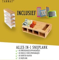 TammaT® Snijplank Hout - Met Opvangbakken - Bamboe Snijplank - Met Rasp - Stapelbaar Voorraadbakjes - Keuken Accessoires - Groentesnijder - Snijplank Hout - BBQ -Kookgerei Koning Verkoop 1189x1200 8