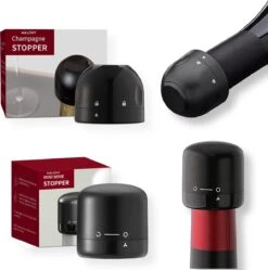 Vacuüm Wijnstopper & Champagne Stopper - Wijn Accessoires - Flessenstop - Herbruikbaar - Zwart