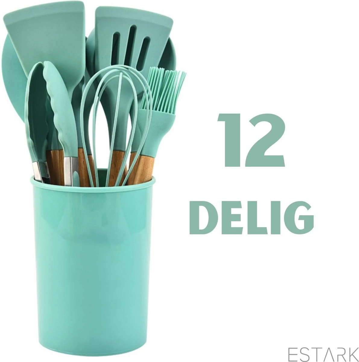 ESTARK® Keukengerei Set - Keukengerei Houder - Keukengerei Set Met Houder - 12 Delig - Antraciet Zwart - Houten Steel - Siliconen - Kerstcadeau - Pastalepel - Spatel Voor Beslag - Open Spatel - Grote Lepel - Open Lepel - Soeplepel - Keuken Spatels 12 4 ESTARK® Keukengerei Set - Keukengerei Houder - Keukengerei Set Met Houder - 12 Delig - Antraciet Zwart - Houten Steel - Siliconen - Kerstcadeau - Pastalepel - Spatel Voor Beslag - Open Spatel - Grote Lepel - Open Lepel - Soeplepel - Keuken Spatels 12 - Afbeelding 4