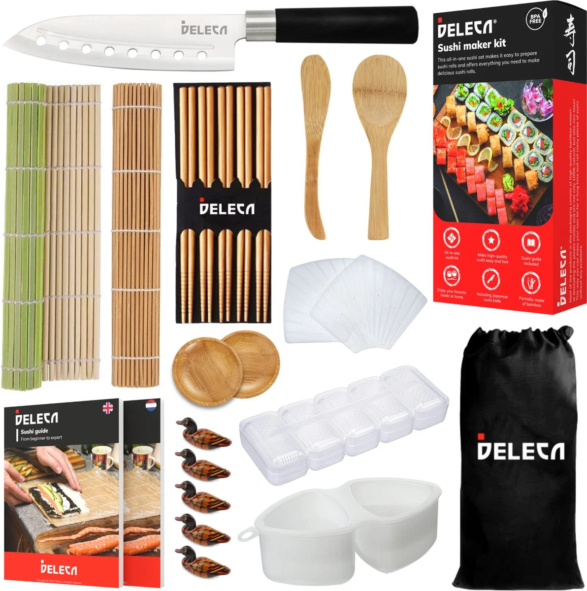 Deleca 24-delige Sushi Maker Kit - Traditionele Set Zonder Bazooka - Incl. Bamboe Stokjes En Accessoires - XL 1 Deleca 24-delige Sushi Maker Kit - Traditionele Set Zonder Bazooka - Incl. Bamboe Stokjes En Accessoires - XL