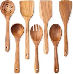 Merkloos Keukenspatels En -lepels Set - 7 Stuks - Teakhout - Handwerk, Krasbestendig, Duurzaam