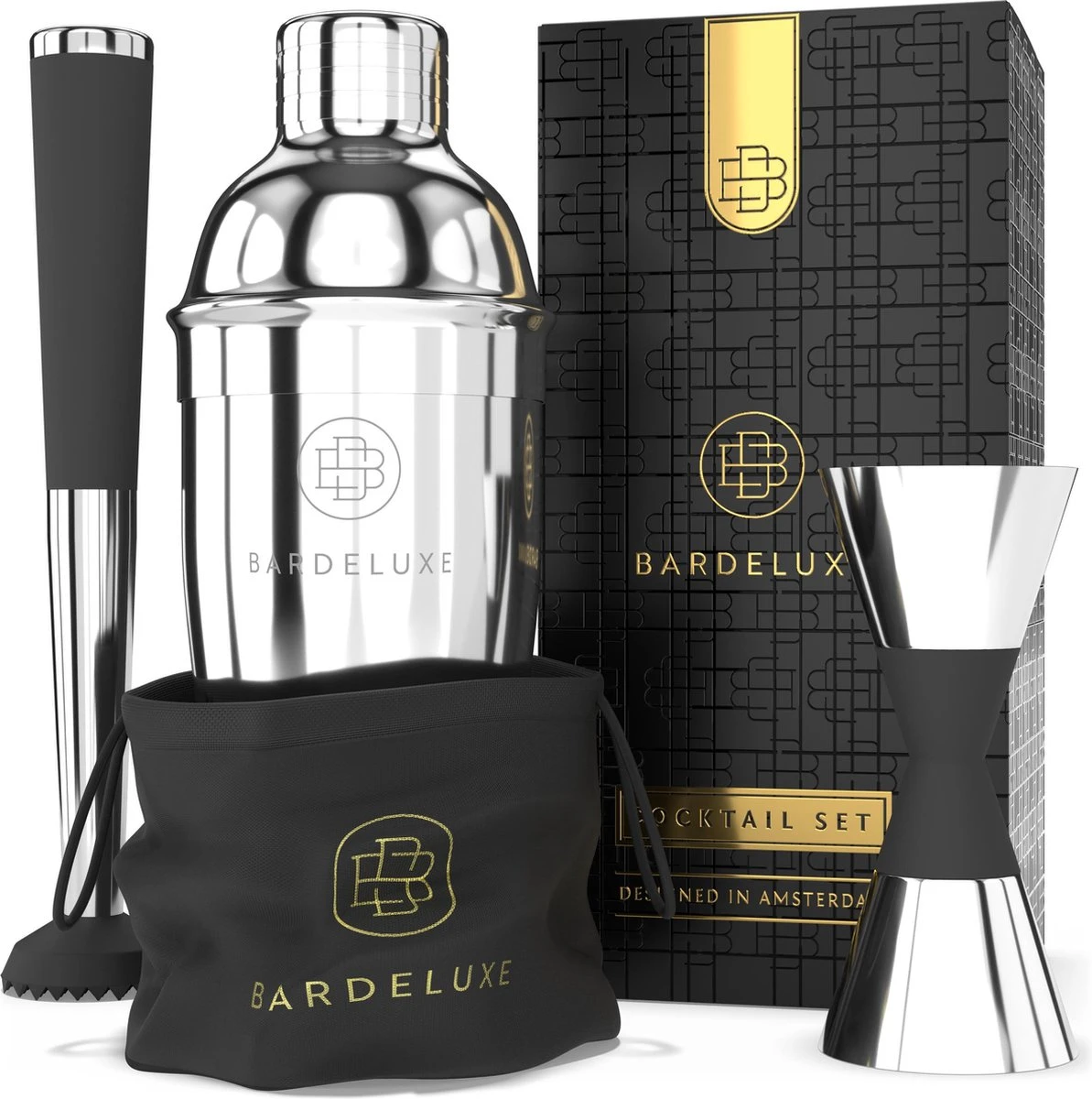 Cocktail Set Van BarDeluxe® - 3-Delig - 750ml Cocktail Shaker - Jigger / Maatbeker - Cocktail Stamper - Inclusief Nederlandstalig Receptenboek + Bewaarhoes - Zilver 1 Cocktail Set Van BarDeluxe® - 3-Delig - 750ml Cocktail Shaker - Jigger / Maatbeker - Cocktail Stamper - Inclusief Nederlandstalig Receptenboek + Bewaarhoes - Zilver