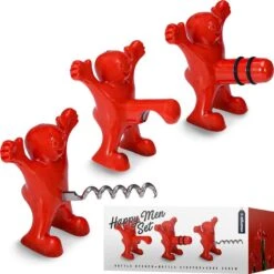 Happy Men Set – Wijn Accessoires - Flesopener - Kurkentrekker - Wijnstopper - 8 X 8,5 X 6 Cm - Set Van 3