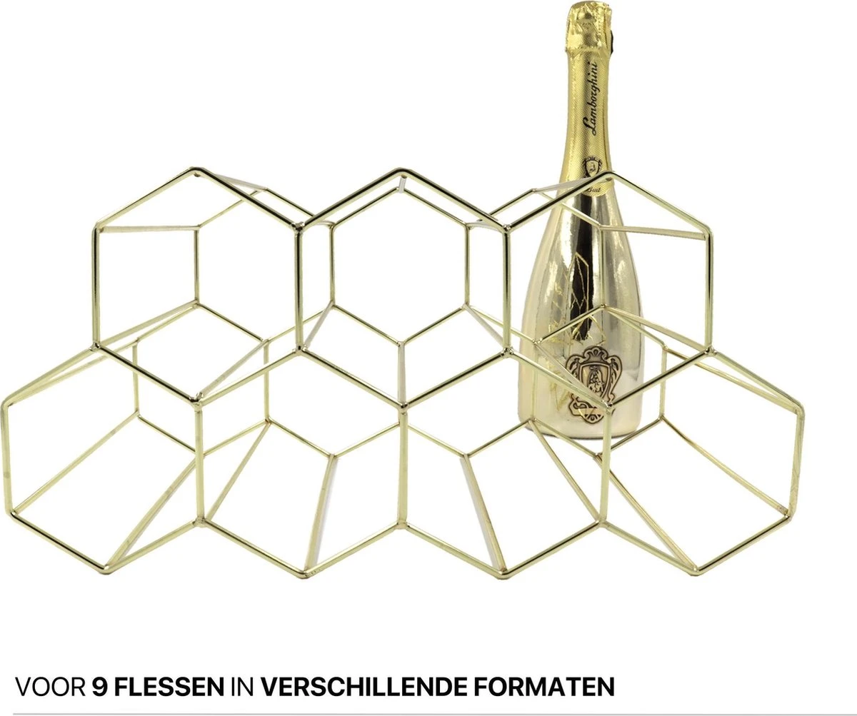 Wijnrek Hexagon 9 Flessen | Flessenrek | Wijn Accessoires | Wijnkast | Wijnrek Metaal | Wijnrekken | Wijnfleshouder | Wijnhouder | Goud 2 Wijnrek Hexagon 9 Flessen | Flessenrek | Wijn Accessoires | Wijnkast | Wijnrek Metaal | Wijnrekken | Wijnfleshouder | Wijnhouder | Goud - Afbeelding 2