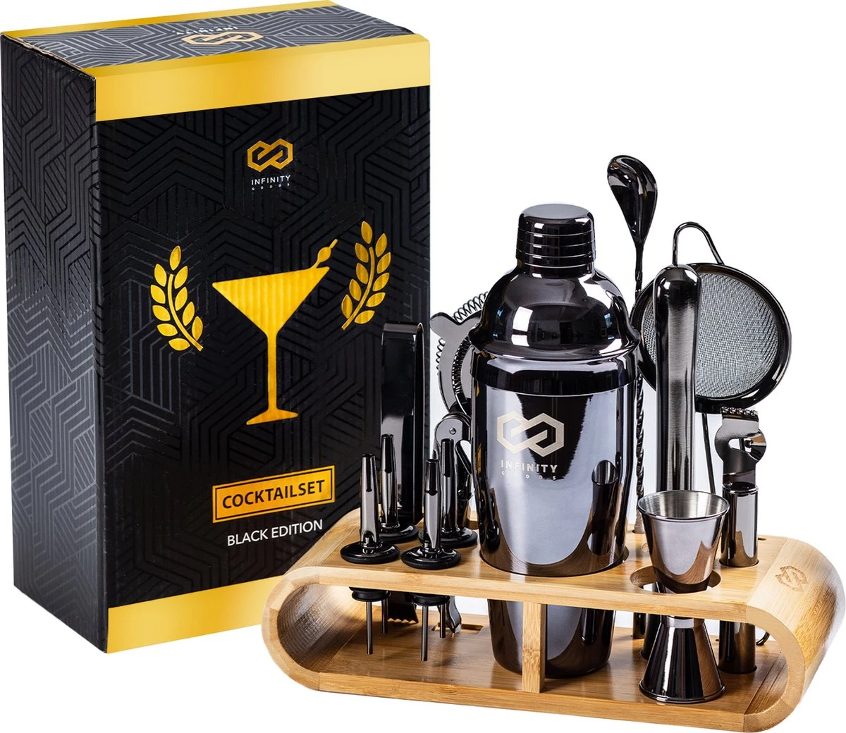 Infinity Goods Cocktailset - 15 Delige Zwarte Cocktail Shaker Set - Luxe Cadeauverpakking - Inclusief Recepten - Zwart 1 Infinity Goods Cocktailset - 15 Delige Zwarte Cocktail Shaker Set - Luxe Cadeauverpakking - Inclusief Recepten - Zwart