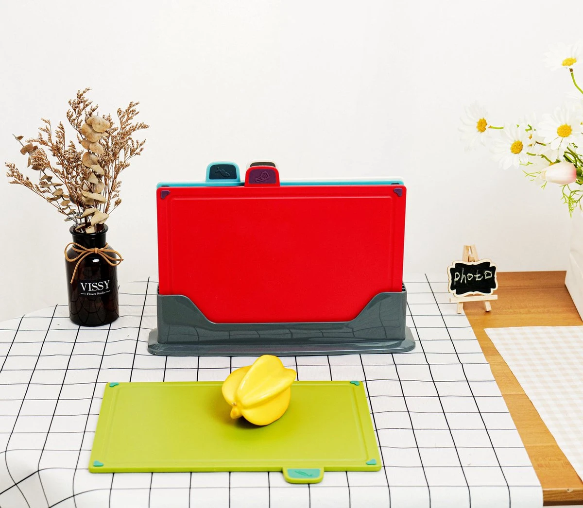 Snijplankenset Met Houder - 4 Stuks - Snijplanken - 35x19,5 Cm 3 Snijplankenset Met Houder - 4 Stuks - Snijplanken - 35x19,5 Cm - Afbeelding 3