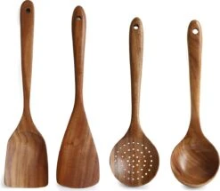 Thaise Teak Houten Lepel Set - Natuurlijk Hout - Rijst Lepel - Vergiet - Soep Lepel - Schep Lepels - Pollepels