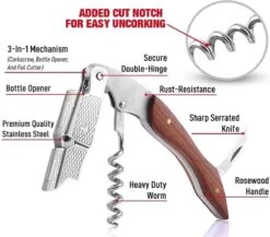 Merkloos Luxe Kelnersmes - Natuurlijk Hout - Roestvrij Staal Met Gesleufde Groef - Wijnopener - Sommeliersmes -Kookgerei Koning Verkoop 1200x1054 12