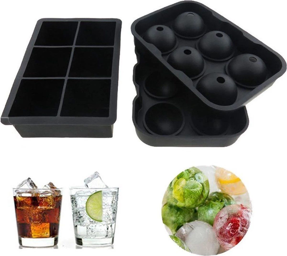 Luxe IJsblokvormen - Set Van 2 - 6 Grote Ronde Ijsballen En 6 Vierkante Ijsblokken - Voedselveilig Siliconen - Zwart 4 Luxe IJsblokvormen - Set Van 2 - 6 Grote Ronde Ijsballen En 6 Vierkante Ijsblokken - Voedselveilig Siliconen - Zwart - Afbeelding 4