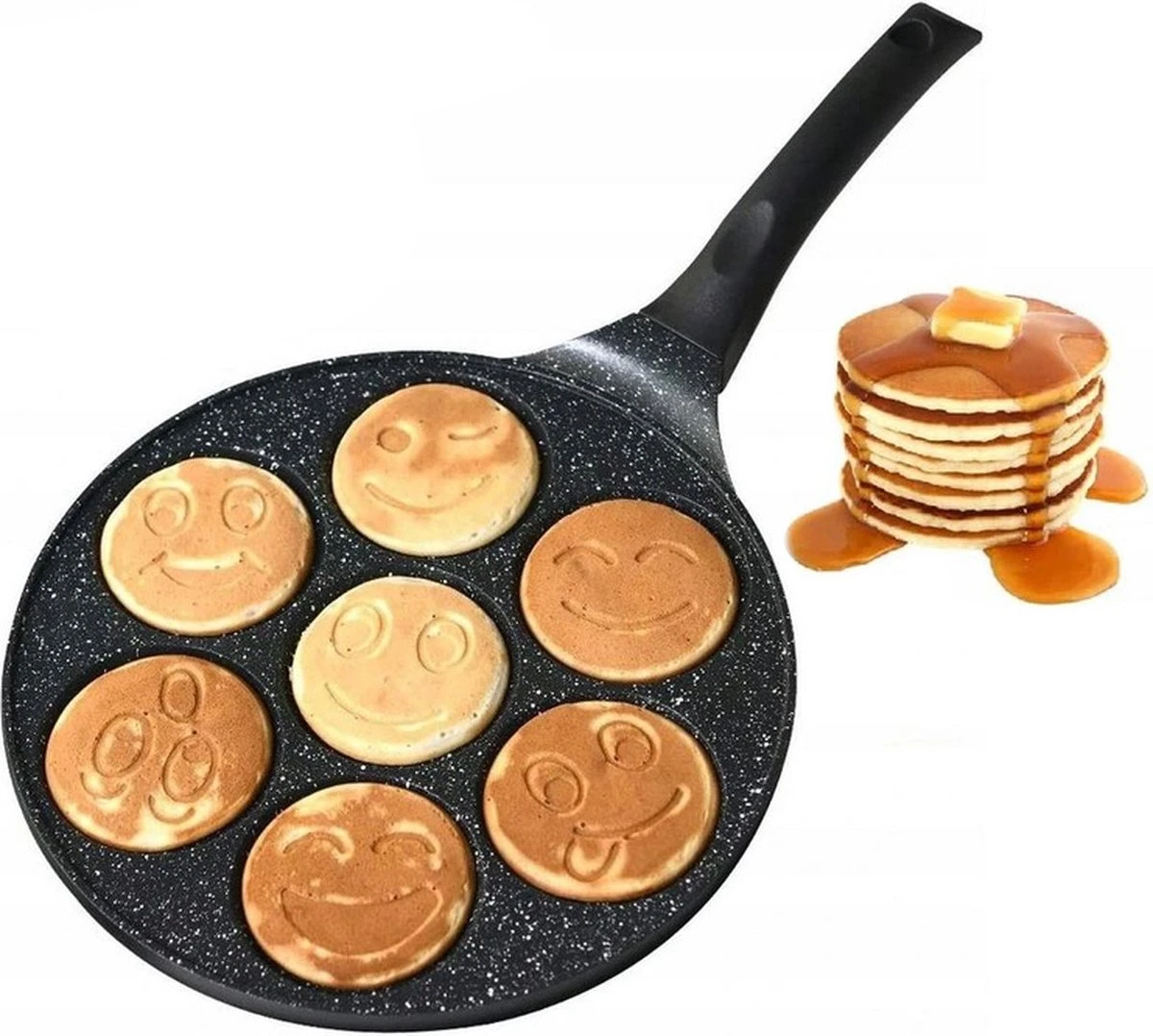 Emoji Pannenkoekenpan Pancake | 26cm | 7 Kop - Marmeren Anti Aanbaklaag Met Smiley 2 Emoji Pannenkoekenpan Pancake | 26cm | 7 Kop - Marmeren Anti Aanbaklaag Met Smiley - Afbeelding 2