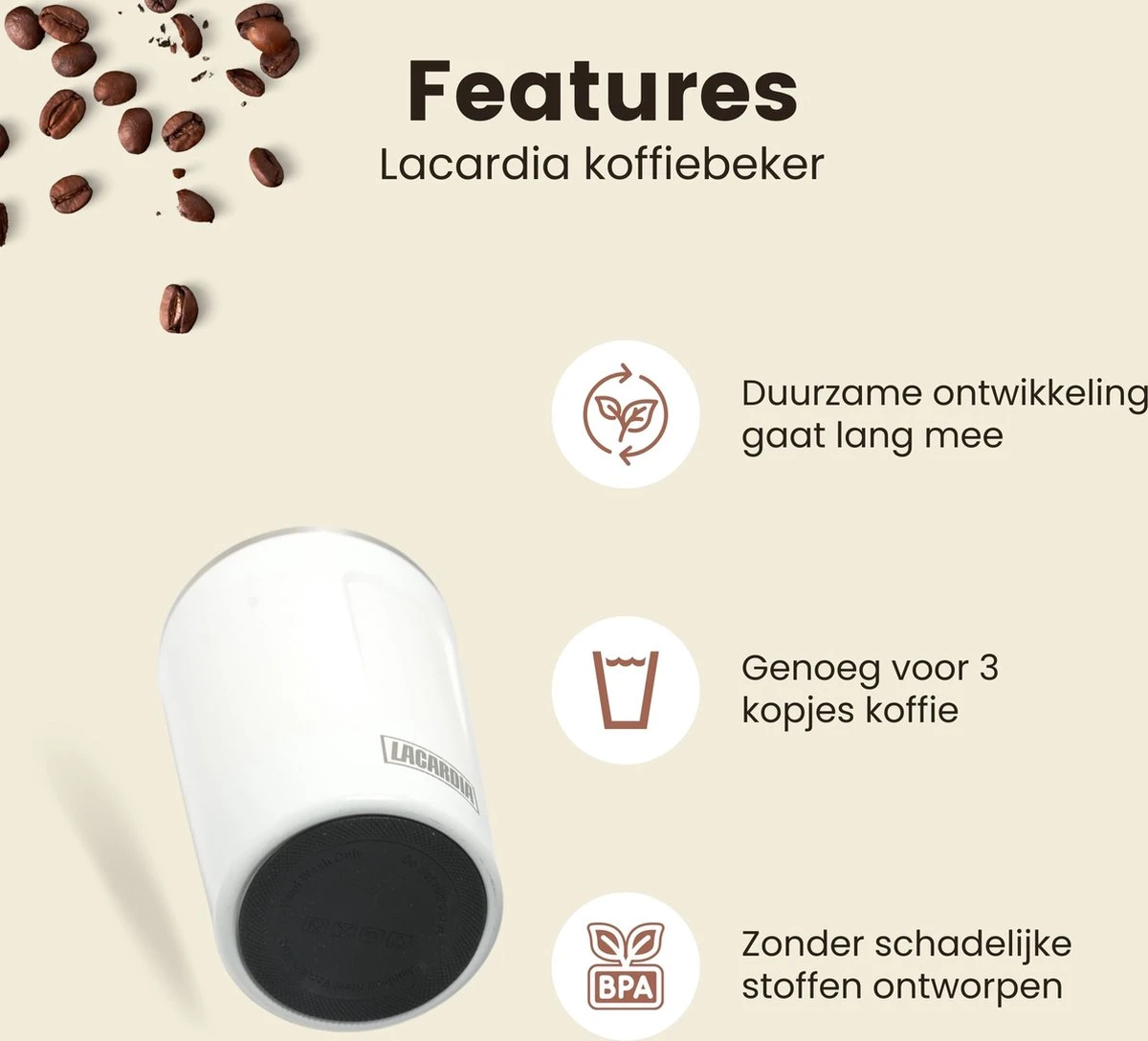 LaCardia Koffiebeker To Go Premium Wit – Thermosbeker – Theebeker – 380ML – Herbruikbaar 3 LaCardia Koffiebeker To Go Premium Wit – Thermosbeker – Theebeker – 380ML – Herbruikbaar - Afbeelding 3