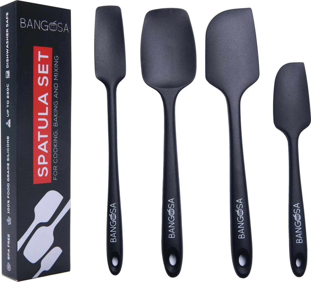 Spatel Siliconen Set Van 4 - Pannenlikker - Bakspatel - Keukengerei - Hittebestendig - Spatula - Zwart 1 Spatel Siliconen Set Van 4 - Pannenlikker - Bakspatel - Keukengerei - Hittebestendig - Spatula - Zwart