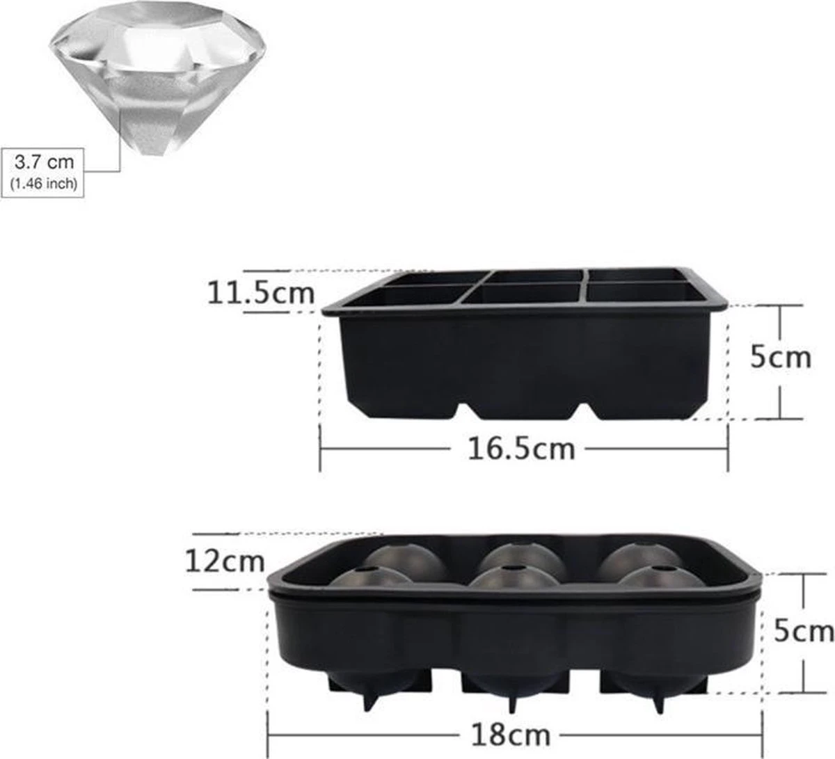 Luxe IJsblokvormen - Set Van 2 - 6 Grote Ronde Ijsballen En 6 Vierkante Ijsblokken - Voedselveilig Siliconen - Zwart 7 Luxe IJsblokvormen - Set Van 2 - 6 Grote Ronde Ijsballen En 6 Vierkante Ijsblokken - Voedselveilig Siliconen - Zwart - Afbeelding 7
