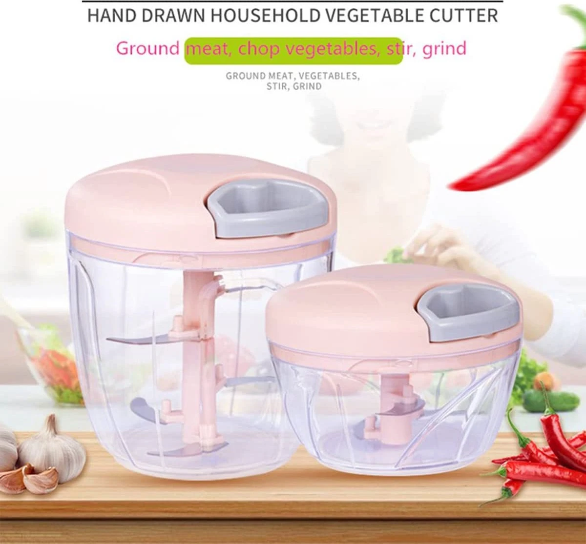 Doogo® Groentesnijder Met Trekkoord – Hakmolen – 900 ML – Groentehakker – Kruidenmolen – Uiensnijder – Pink 7 Doogo® Groentesnijder Met Trekkoord – Hakmolen – 900 ML – Groentehakker – Kruidenmolen – Uiensnijder – Pink - Afbeelding 7