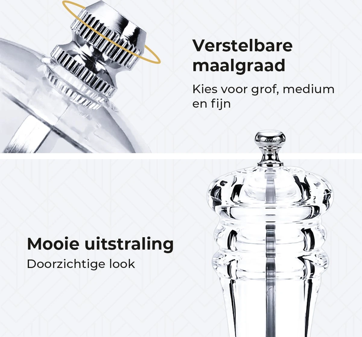 101Products Peper- & Zoutmolen Set - Acryl - Transparant - Verstelbare Maalgraad - Zeezout én Kruidenmixes 4 101Products Peper- & Zoutmolen Set - Acryl - Transparant - Verstelbare Maalgraad - Zeezout én Kruidenmixes - Afbeelding 4