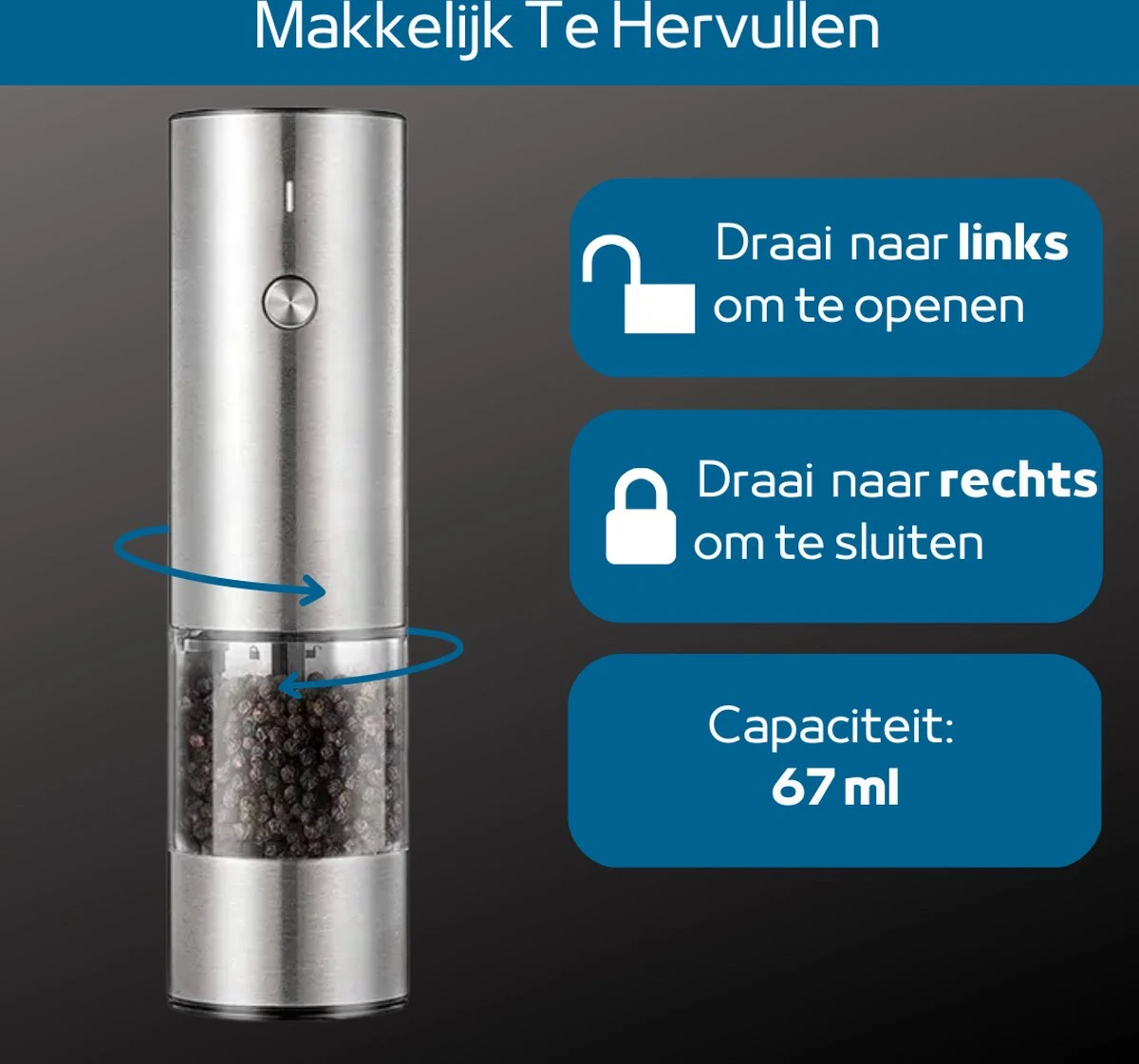 GOV Elektrische Peper- En Zoutmolen RVS XL Oplaadbaar - Automatische Pepermolen 2 GOV Elektrische Peper- En Zoutmolen RVS XL Oplaadbaar - Automatische Pepermolen - Afbeelding 2