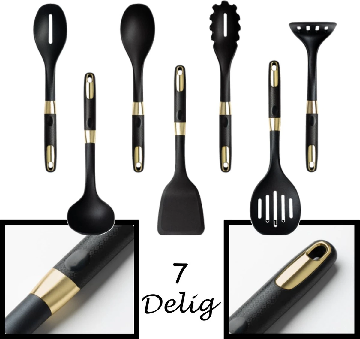 Levabe Zwart Gouden Keukengerei Set Met Houder 7 Delig - Hittebestendig - BPA Vrij - Koken - Nylon - Stainnless Steel - Keuken Gerei 1 Levabe Zwart Gouden Keukengerei Set Met Houder 7 Delig - Hittebestendig - BPA Vrij - Koken - Nylon - Stainnless Steel - Keuken Gerei