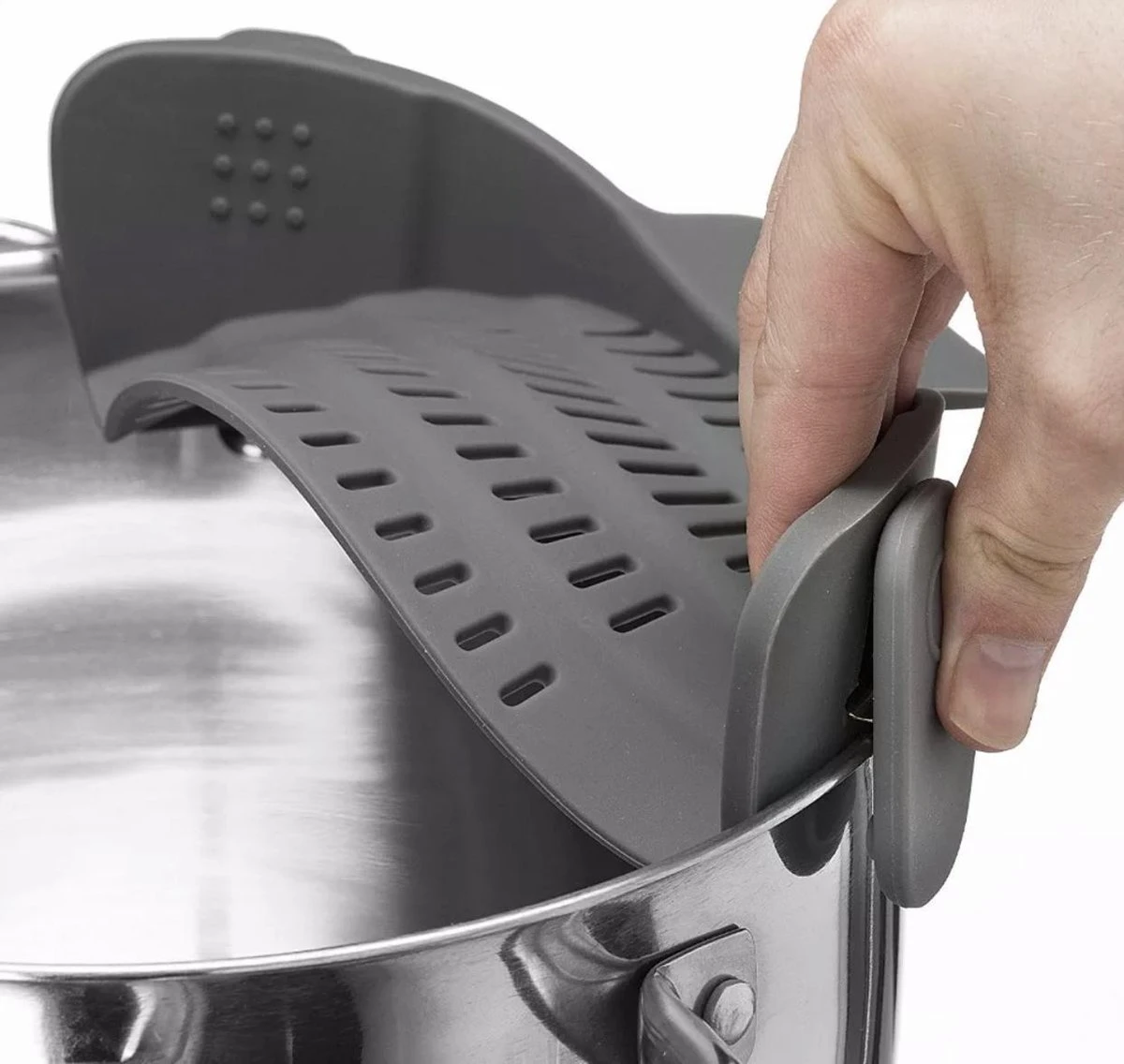 Siliconen Vergiet - Afgieter - Veilig Afgieten – Solide Compacte Keuken Afgietdeksel - Afgiethulp - Clip Aan Keuken Zeef Grijs 2 Siliconen Vergiet - Afgieter - Veilig Afgieten – Solide Compacte Keuken Afgietdeksel - Afgiethulp - Clip Aan Keuken Zeef Grijs - Afbeelding 2